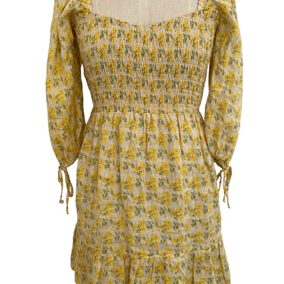 Faithfull The Brand Romina Linen Floral Puff Square Neck Mini Dress, Size 6 - Picture 4 of 10